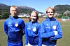 Dei tre saudalaga i årets Norway Cup, her ved Isak Helle Løvaas, Oda Bruknapp Skoglund og Kasper Birkeland Knudsen, møtte god motstand i første gruppespelskamp.