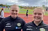 Hanna Haugsvær (til høgre) er her saman med klubbvenninne Thea Dahl. Sistnemnde tok sølv i kulestøyt, medan Hanna tok bronse.